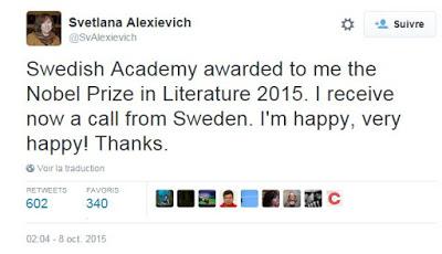 La Biélorusse Svetlana Alexievitch, quatorzième femme à recevoir le prix Nobel de littérature