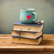 Old vintage books and cup with heart shape on wooden table